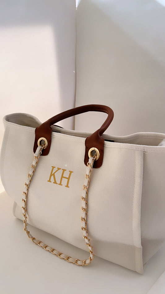 Personalised White & Gold Chain Canvas Tote